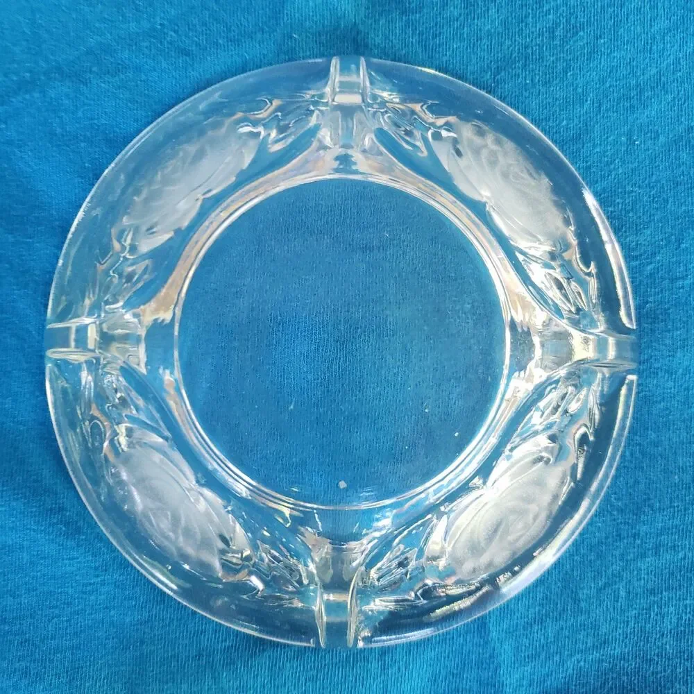 Vintage Clear Glass Frosted Rose Ashtray 4 Rest Pressed Glass Floral Dish 5.5
